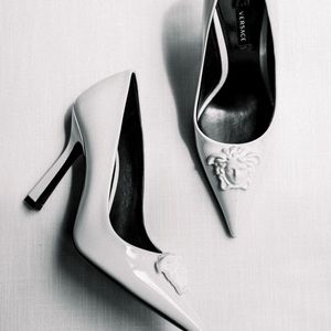Prada Sharp-Pointed Toe Patent Leather White Pump White Medusa Heels